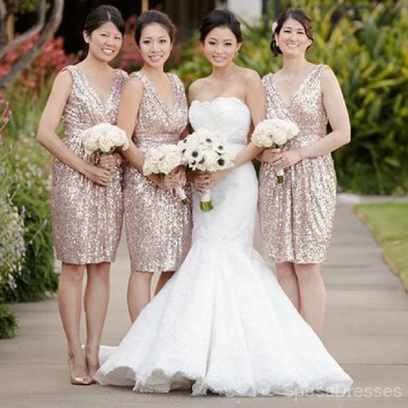 Exclusive Deal Sequin Off Shoulder V-Neck Shinning Knee-Length Cheap Bridesmaid Dresses, WG124