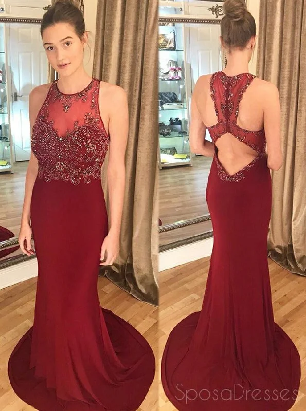 Stock Up and Save Burgundy Open Back Mermaid Cheap Long Evening Prom Dresses, Cheap Sweet 16 Dresses, 18331