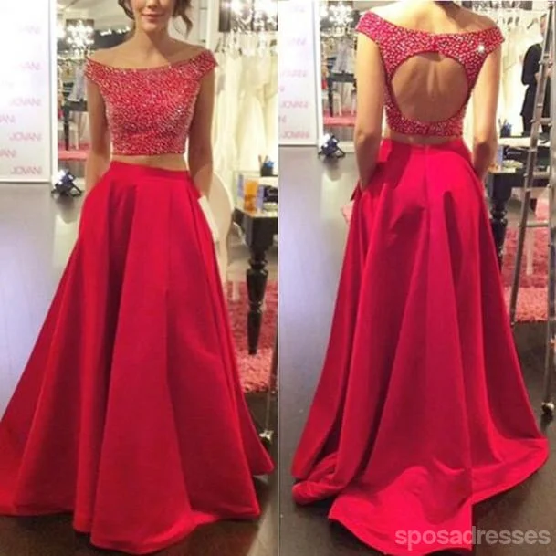 Year-End Sale Two Pieces Backless Red Long Prom Dresses, Sexy Evening Prom Dress, Beaded Evening Prom Dress, Dresses For Prom, Custom Prom Dresses 2017, 17011