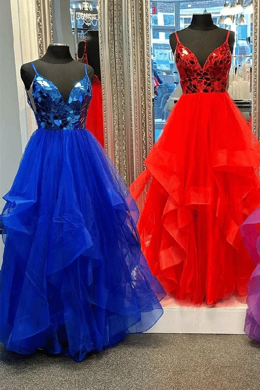 Online Exclusive Spaghetti Straps Mirror-Cut Sequins A-Line V-Neck Tulle Prom Formal Dress