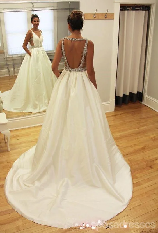 Price Reduction Sexy Backless Deep V Neckline Long Wedding Dresses, Simple Long Custom Wedding Gowns, Affordable Bridal Dresses, 17093