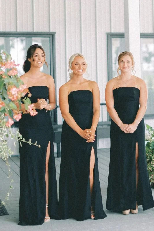 Special Price Black Strapless Mermaid Satin Sleeveless Long Bridesmaid Dress with Slit