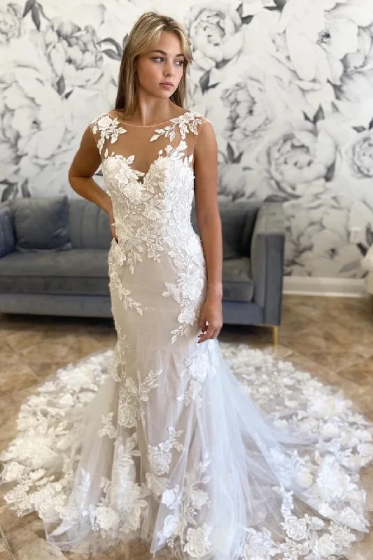 Season Finale Sale White Illusion Neck Appliques Trumpet Long Wedding Dress