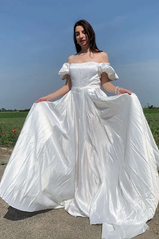 Exclusive Savings White Off-the-Shoulder Puff Sleeve A-Line Long Wedding Gown