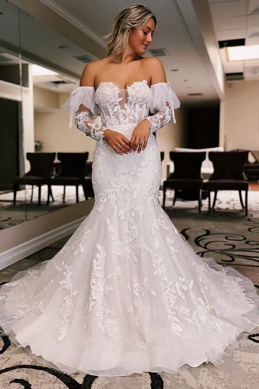 Limited Stock White Floral Lace Sweetheart Trumpet Wedding Dress with Detachable Sleeves