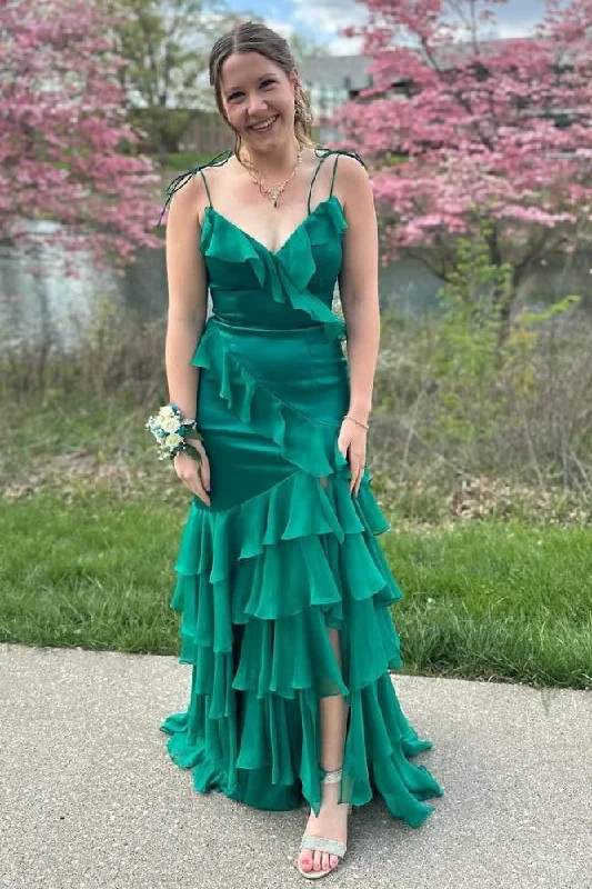 Sale Event Emerald Green V-Neck Ruffle Long Prom Dress with Slit