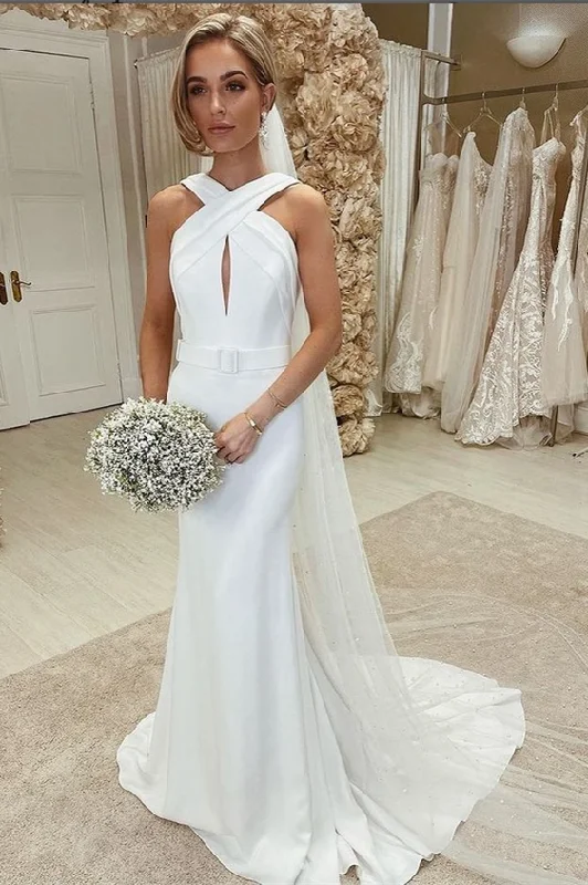 Best Seller White Cross-Front Keyhole Sheath Long Wedding Dress