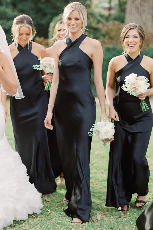 Clearance Sale Black Halter Cutout Back Long Bridesmaid Dress