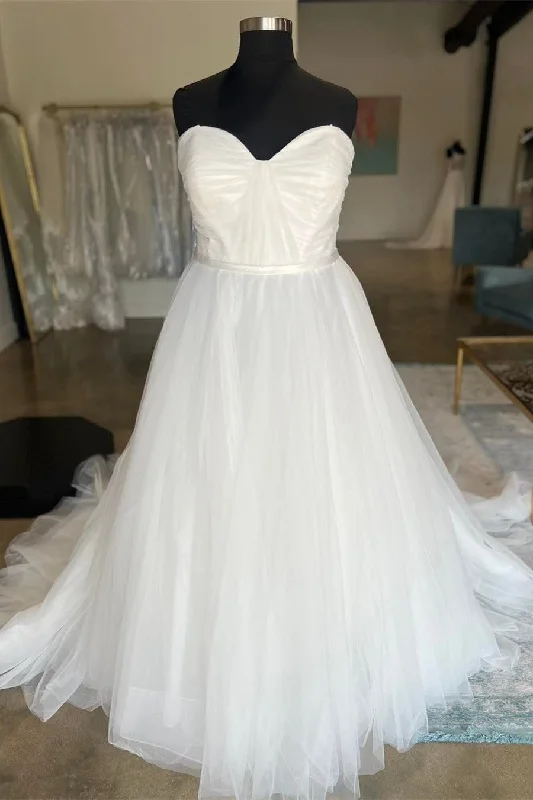 Super Bargain White Sweetheart A-Line Tulle Long Wedding Dress