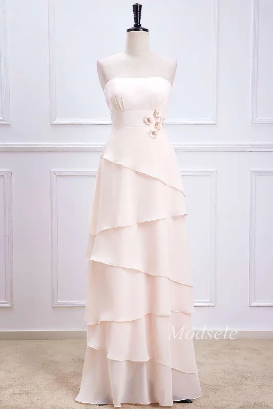 Bonus Savings Oat Strapless Multi-Layer Maxi Dress with Handmade Flowers