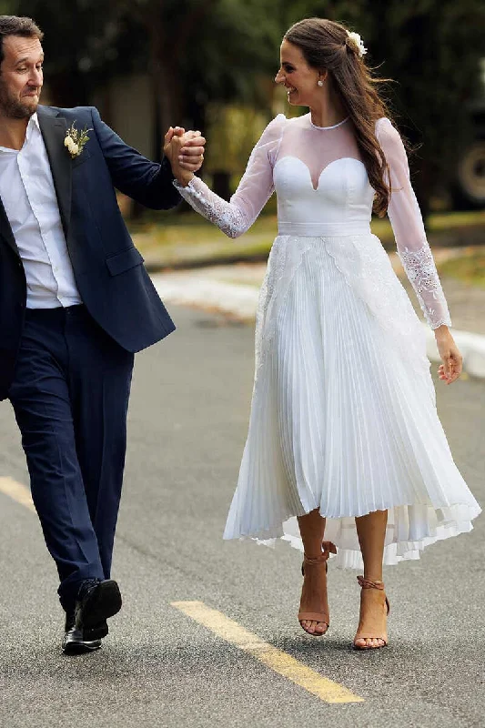 Final Sale White Sweetheart Sheer Sleeve Tea-length Wedding Dress