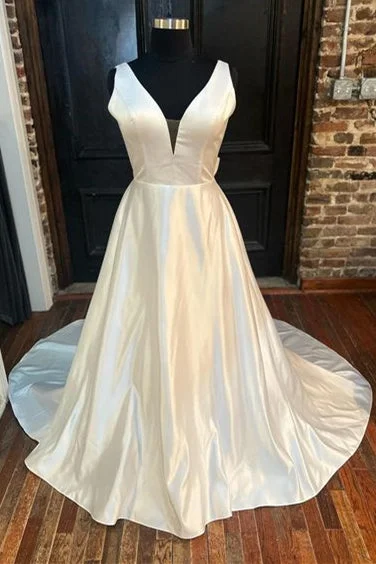 Buy More, Save More White Satin Plunging Neck Bow-Back A-Line Long Wedding Dress