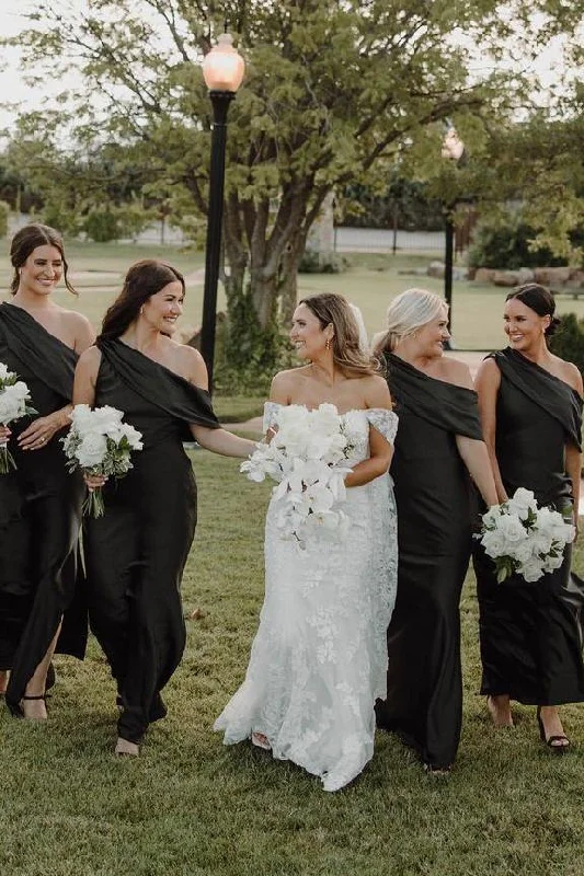Price Rollback One Shoulder Black Satin Pleated Long Bridesmaid Dress with Slit