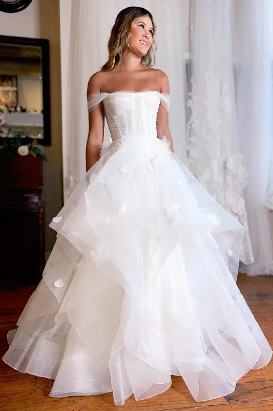 Exclusive Savings White Off-the-Shoulder Tiered A-Line Wedding Dress with Flowers