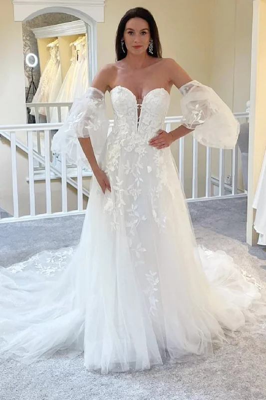 Instant Savings White Strapless A-Line Long Wedding Dress with Detachable Sleeves