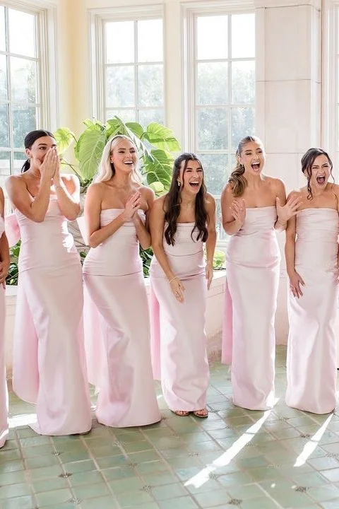 Great Deals Strapless Pink Scoop Pleated Satin Long Bridesmaid Dress with Big Bow