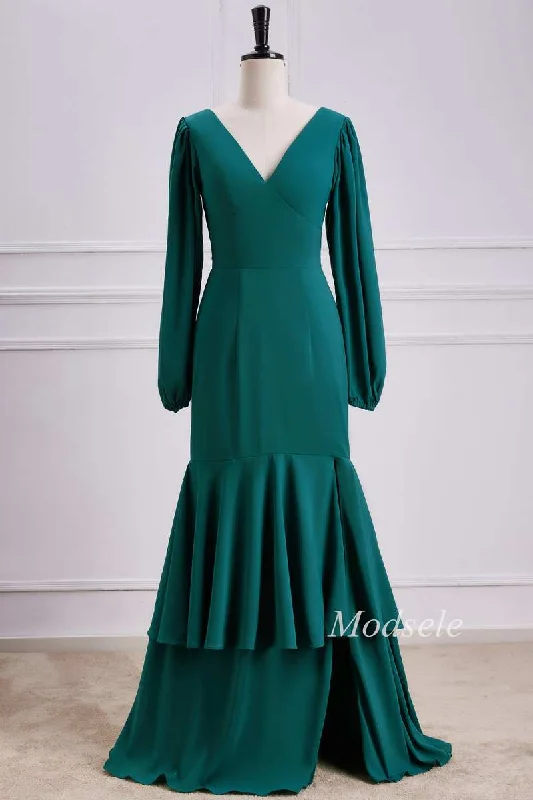 Midnight Madness Emerald V-Neck Ruffle Maxi Dress with Long Sleeves