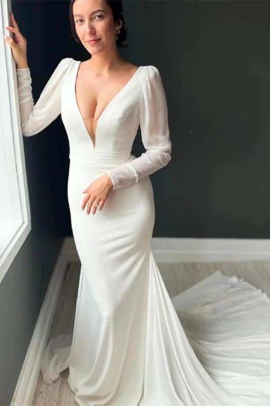 Super Bargain White Plunge V Backless Mermaid Long Wedding Dress