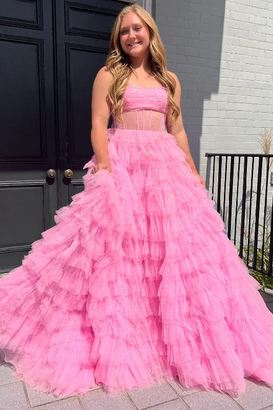 New Markdowns Pink Strapless Tulle Sequin A-Line Prom Gown