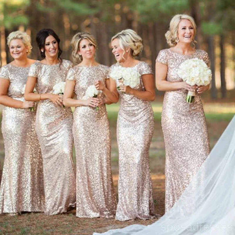 Can't Be Beat Gold Sequin Short Sleeve Mermaid Long Bridesmaid Dresses, BD001