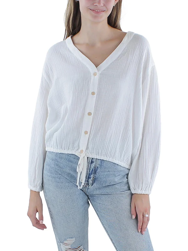 Take Advantage Cora Womens Button Down Long Sleeved Crop Top