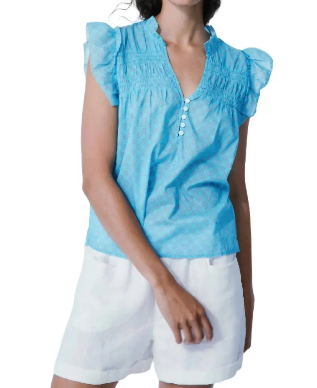 Discount Extravaganza Emma Smocked Frill Blouse In Blue Gem