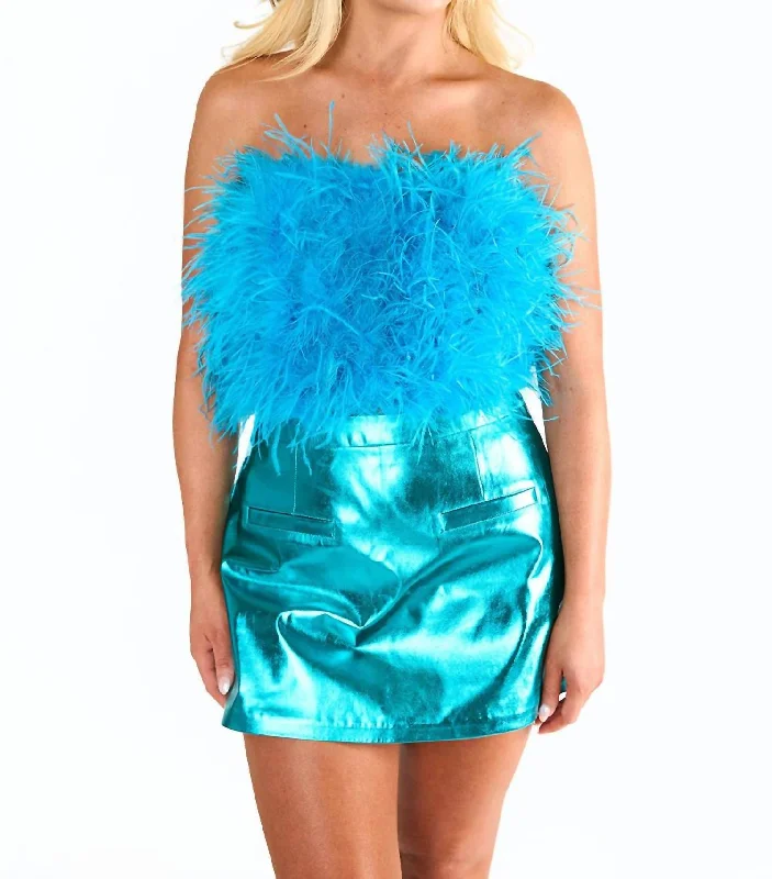 Act Fast Fancy Strapless Feather Crop Top In Turquoise Feather
