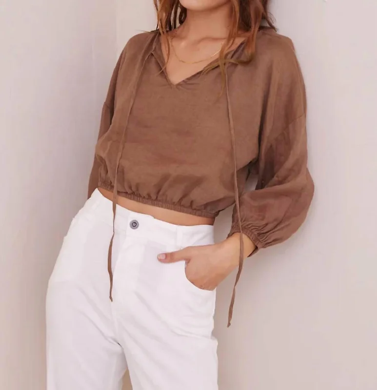 Loyalty Reward Linen Tie Front Peasant Top In Terracotta Brown