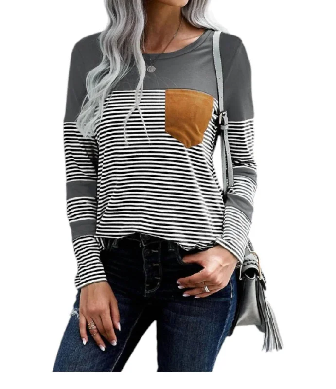 Deal Alert Stripes And Suede Pocket Top In Grey