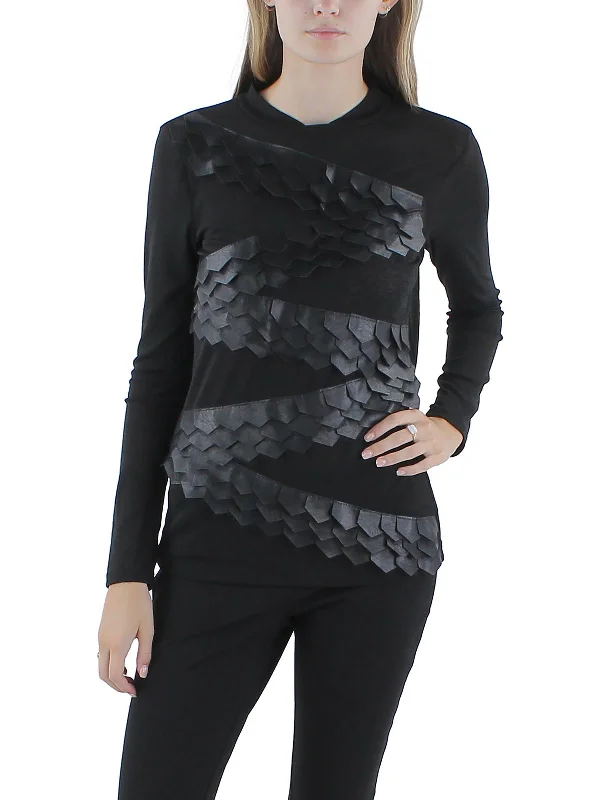 Daily Deals Womens Sheer Faux Leather Trim Pullover Top